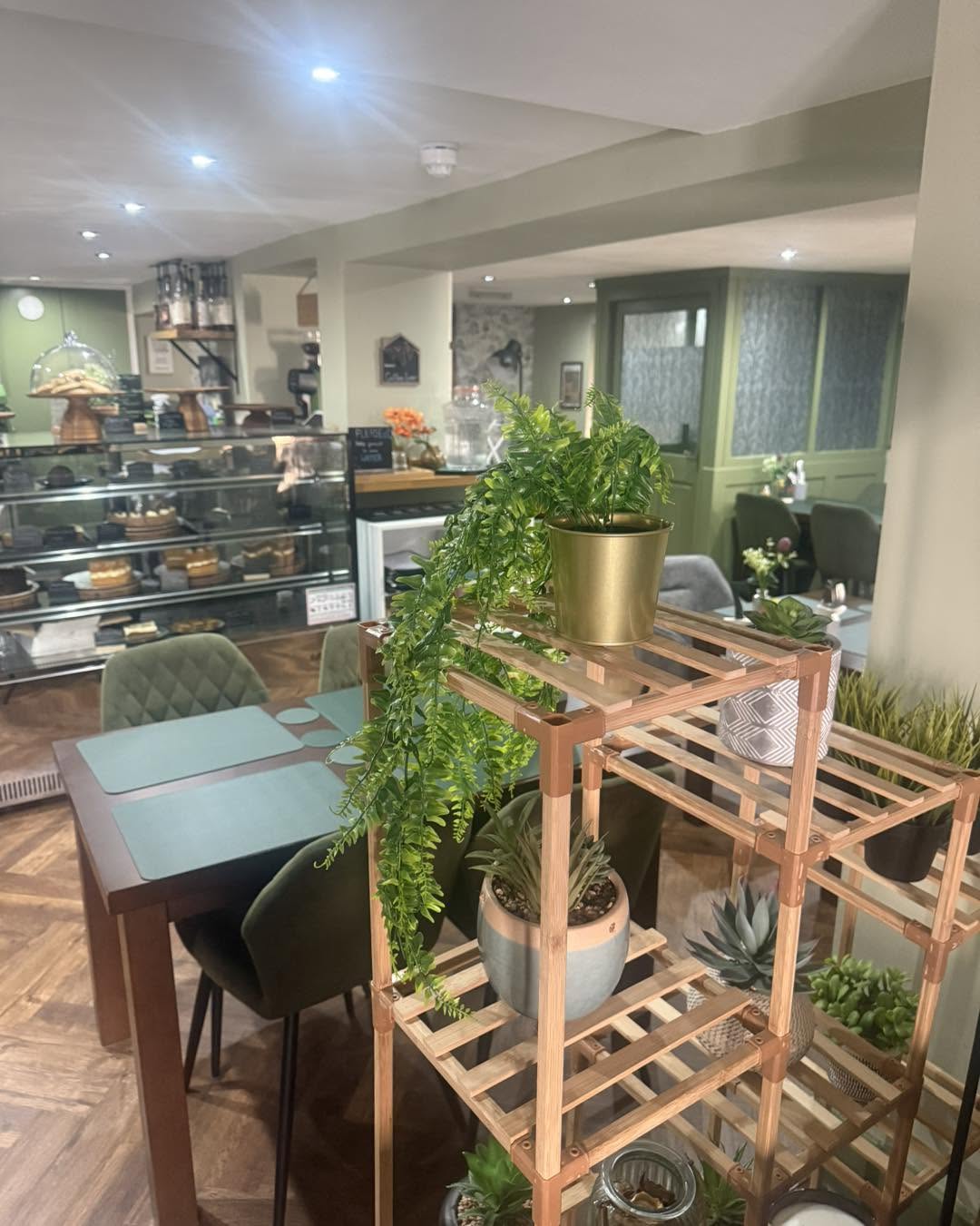 The warm interior of Coffee on the Common with seating, plants and cake display